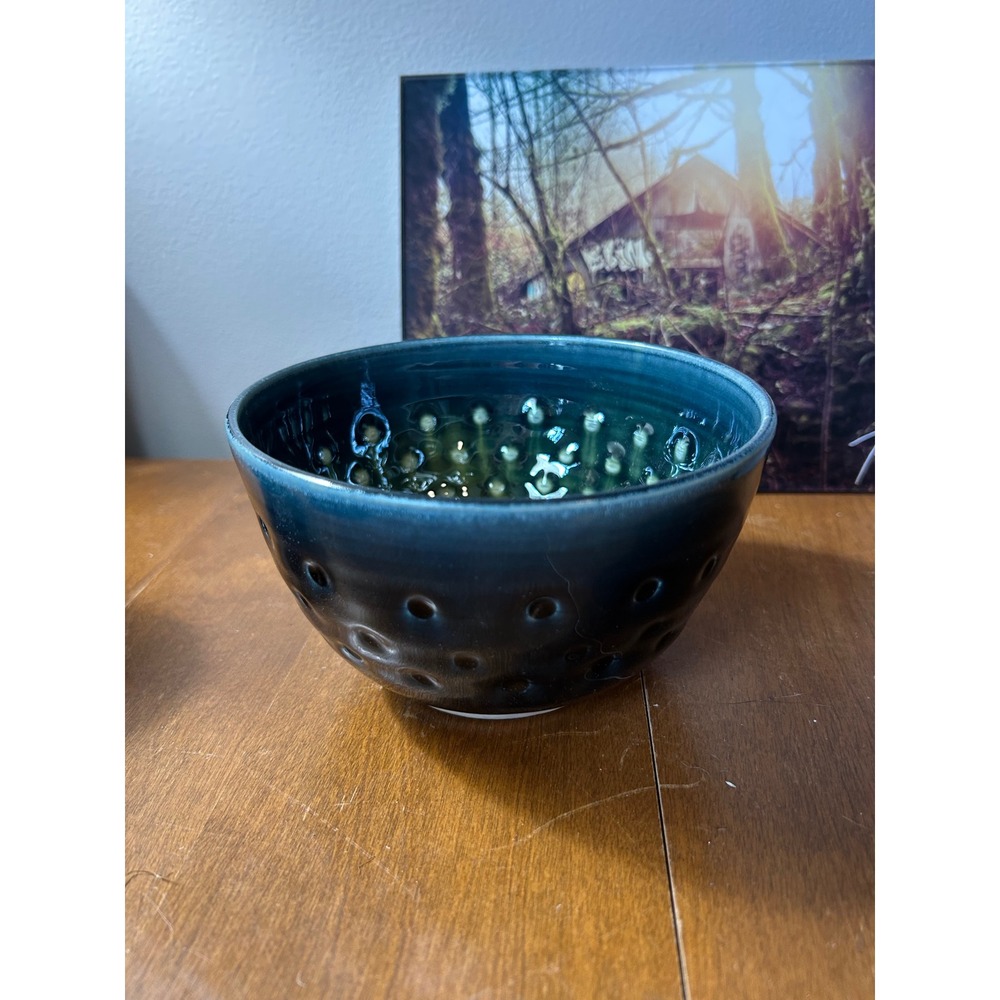 Handmade Studio Pottery Ceramic Noodle Bowl Blue and Green Glaze Dimpled Texture